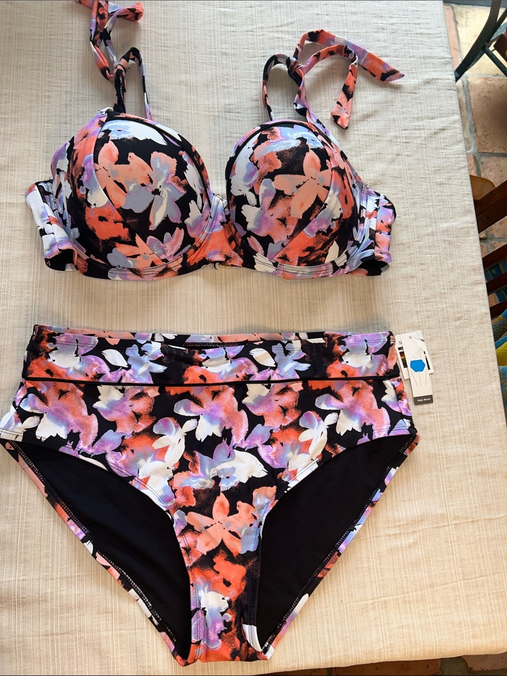 Time and Tru Floral Underwire Bikini Set - Black, Coral & Lavender